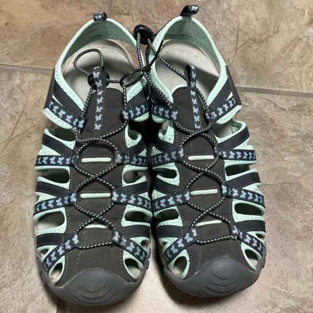 GreaterGood Womens Sport Sandals Brown Mint Green Butterfly Water Shoes Size 10